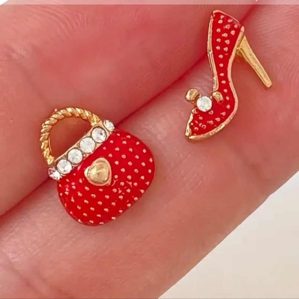 Purse And Heels 14K Plated Shiny Alloy Rhinestone Earrings